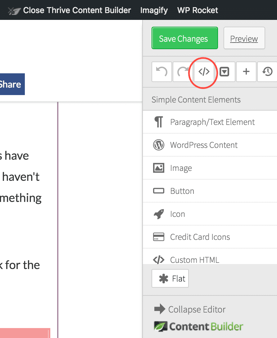 show code button on thrive content builder