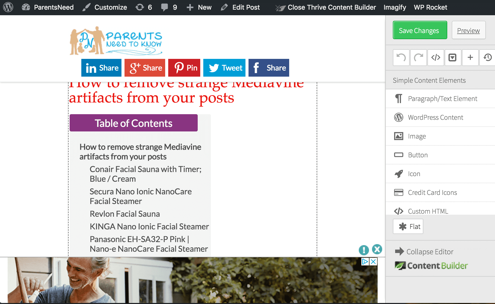 thrive content builder with ads showing in editor