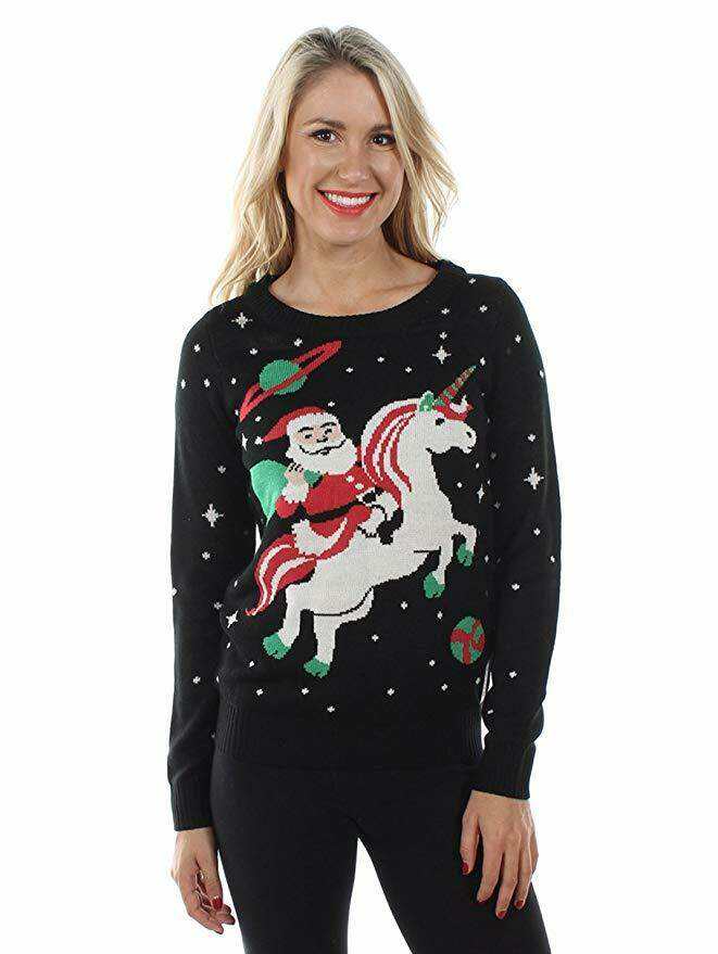 sweater with Santa riding on unicorn