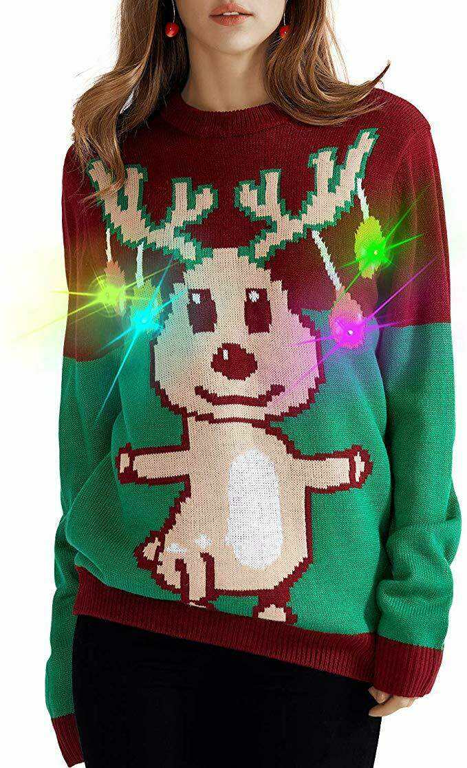 ugly reindeer on sweater that lights up